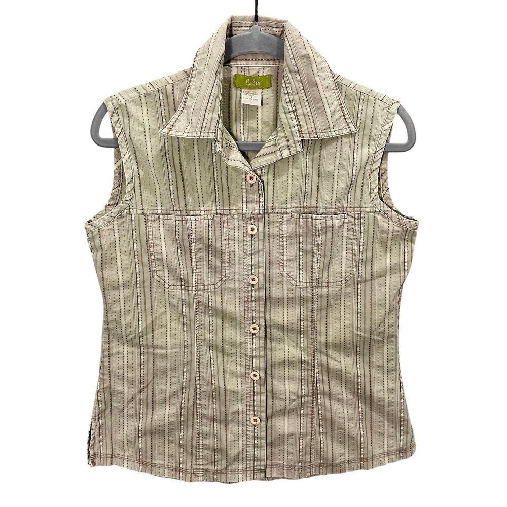 Vintage Y2K Pulp Button-Up Tank Striped Embroidery Women's Small Green & Brown